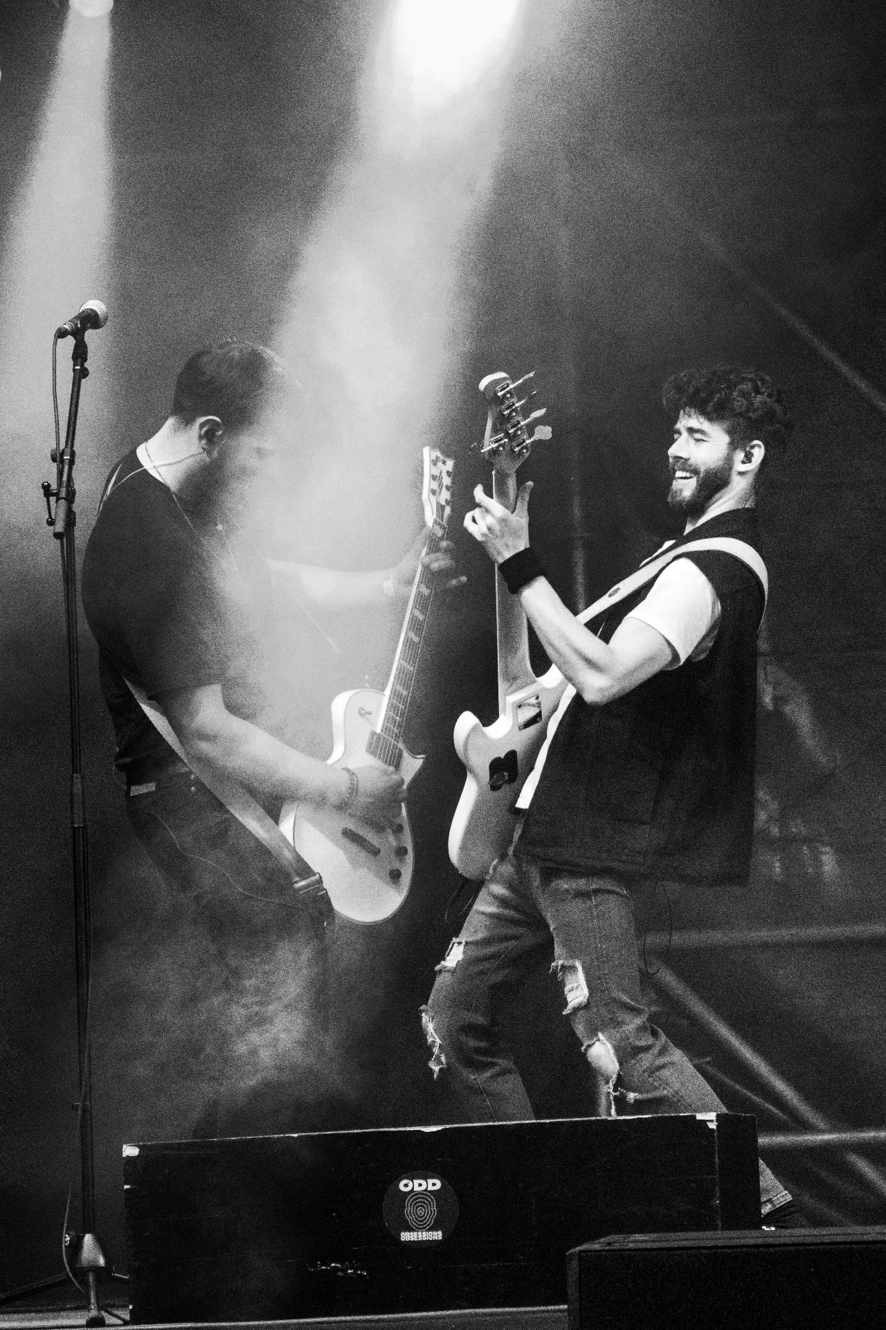 Zwart-wit shot van bassist en gitarist samen op podium